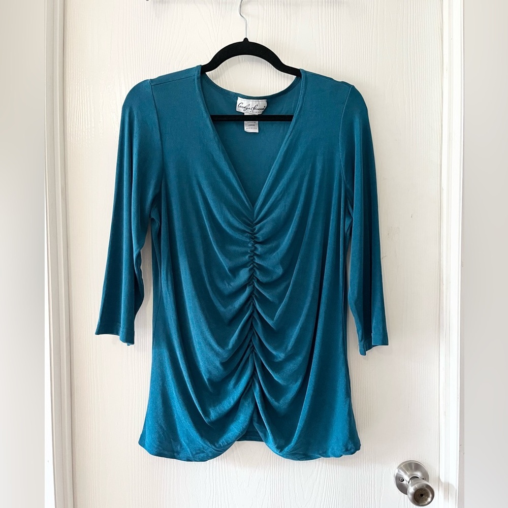 Carolyn Strauss Vintage Teal Gathered V-Neck Slinky Blouse